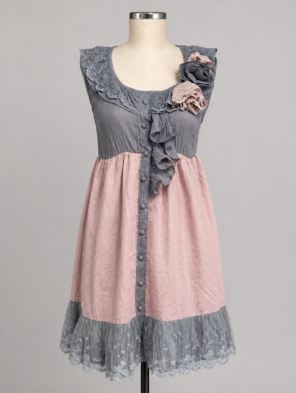 Fem Ryu Large NWT Sleeveless Lace Trim Colorblock Dress Boho Romantic Pink Gray